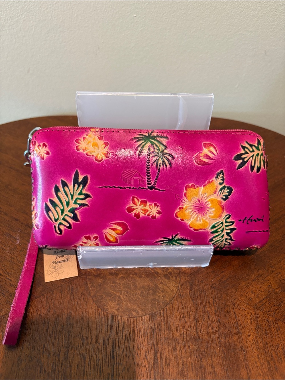 Pink Hawaiian Floral Wristlet Wallet  sunglasses case Leather
Fuchsia yw  bk NWT